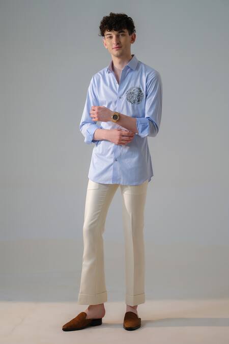 Amrit Dawani_Blue Cotton Embroidery Lone Wolf Shirt _Online_at_Aza_Fashions