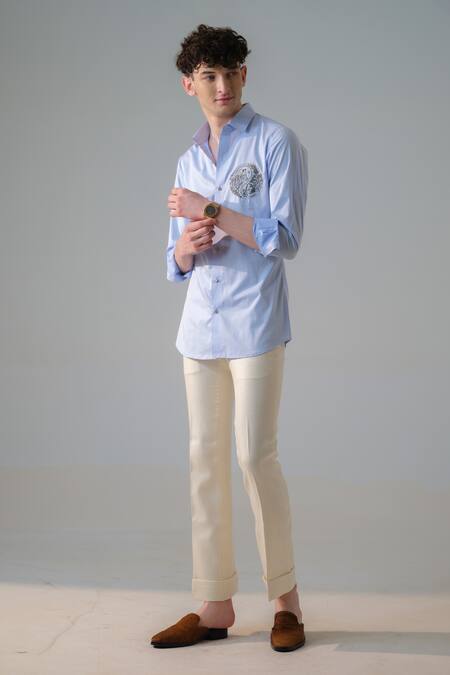Buy_Amrit Dawani_Blue Cotton Embroidery Lone Wolf Shirt _Online_at_Aza_Fashions