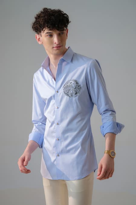 Shop_Amrit Dawani_Blue Cotton Embroidery Lone Wolf Shirt _Online_at_Aza_Fashions