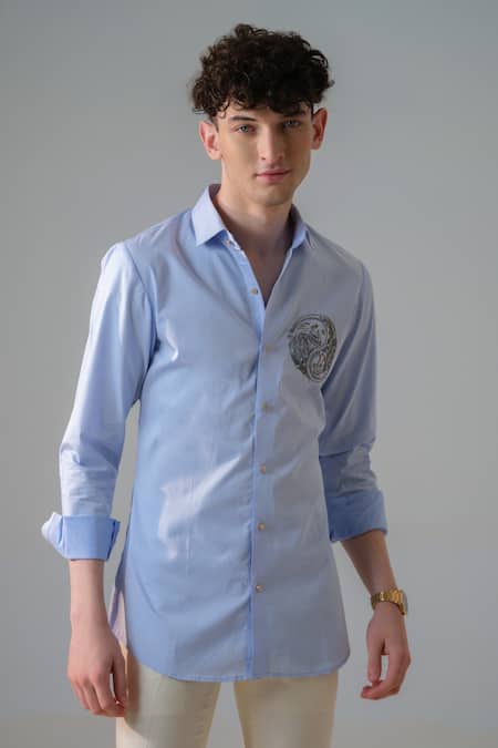 Amrit Dawani_Blue Cotton Embroidery Lone Wolf Shirt _at_Aza_Fashions