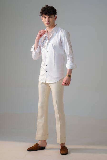 Amrit Dawani_White Cotton Embroidery Lion Gaze Embellished Shirt _Online_at_Aza_Fashions