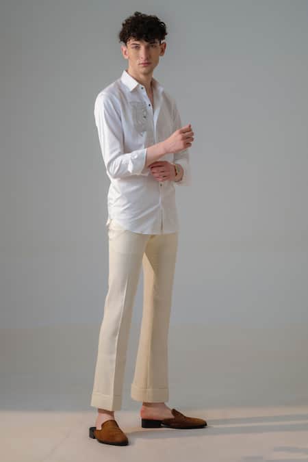 Buy_Amrit Dawani_White Cotton Embroidery Lion Gaze Embellished Shirt _Online_at_Aza_Fashions