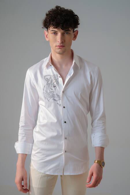 Shop_Amrit Dawani_White Cotton Embroidery Lion Gaze Embellished Shirt _Online_at_Aza_Fashions