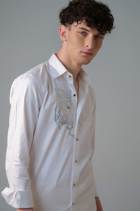 Amrit Dawani_White Cotton Embroidery Lion Gaze Embellished Shirt _at_Aza_Fashions