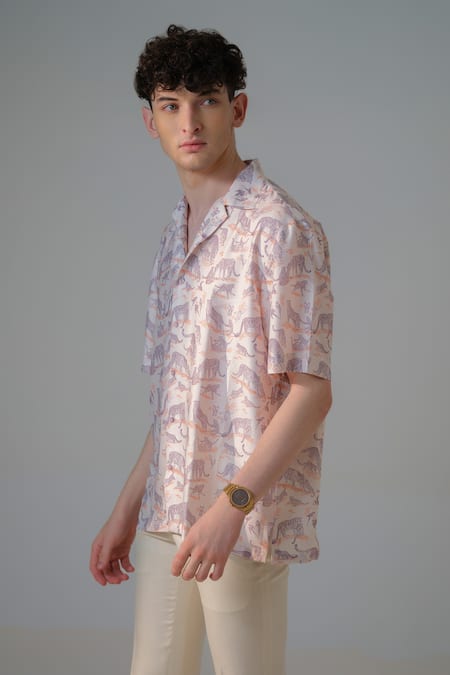 Shop_Amrit Dawani_Pink Satin, Georgette Embroidery Wildlife Print Shirt _Online_at_Aza_Fashions