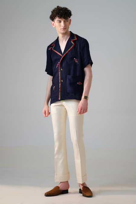 Amrit Dawani_Blue Velvet, Satin Embroidery Serpent Lapel Collar Shirt _Online_at_Aza_Fashions