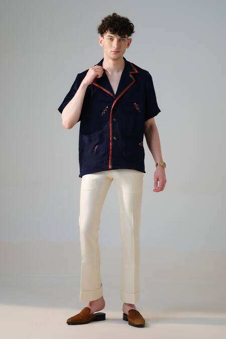 Buy_Amrit Dawani_Blue Velvet, Satin Embroidery Serpent Lapel Collar Shirt _Online_at_Aza_Fashions