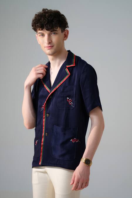 Shop_Amrit Dawani_Blue Velvet, Satin Embroidery Serpent Lapel Collar Shirt _Online_at_Aza_Fashions