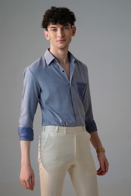 Shop_Amrit Dawani_Blue Cotton Gradient Tone Shirt _Online_at_Aza_Fashions