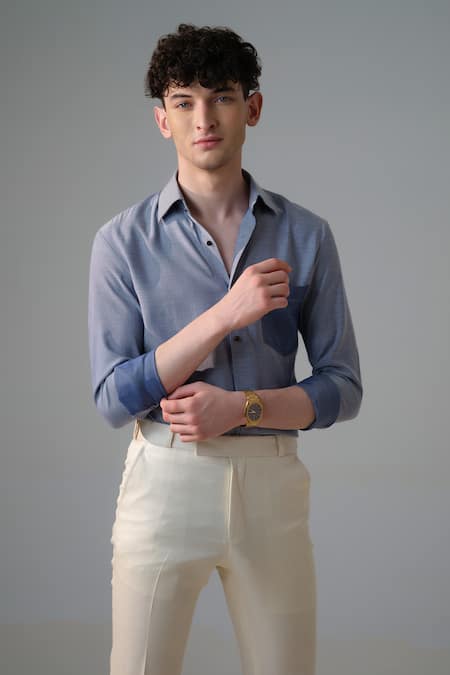 Amrit Dawani_Blue Cotton Gradient Tone Shirt _at_Aza_Fashions