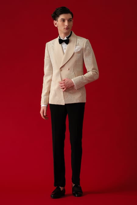Amrit Dawani_Beige Polyester, Cotton Embroidery Bloom Art Tuxedo Set _Online_at_Aza_Fashions