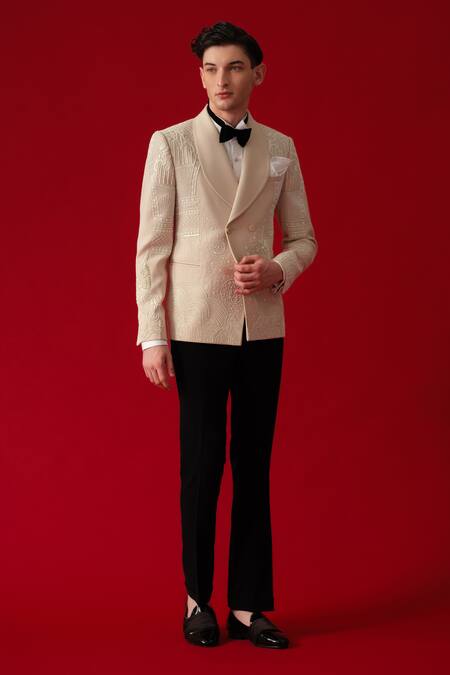 Buy_Amrit Dawani_Beige Polyester, Cotton Embroidery Bloom Art Tuxedo Set _Online_at_Aza_Fashions