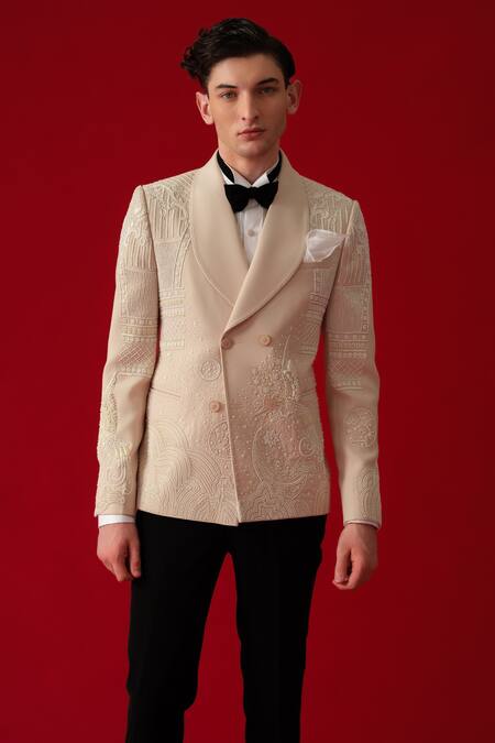 Amrit Dawani_Beige Polyester, Cotton Embroidery Bloom Art Tuxedo Set _at_Aza_Fashions