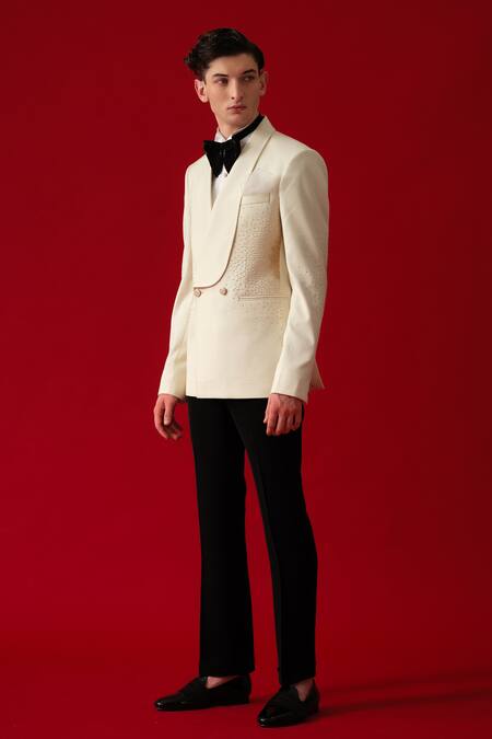 Buy_Amrit Dawani_White Cotton, Polyester, Silk Embroidery Beige Splutter Rays Tuxedo Set _Online_at_Aza_Fashions
