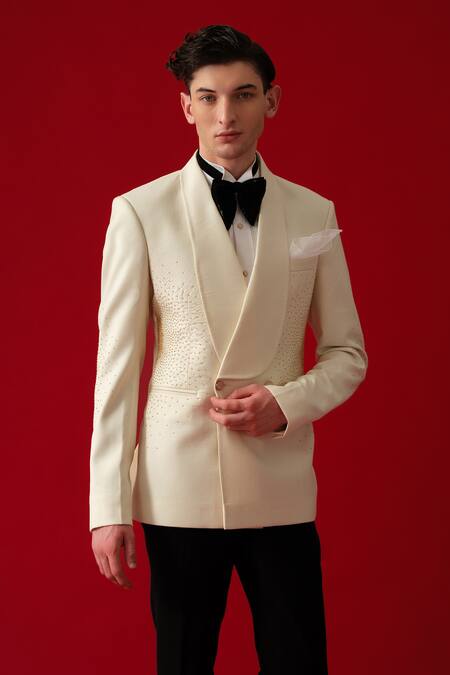 Shop_Amrit Dawani_White Cotton, Polyester, Silk Embroidery Beige Splutter Rays Tuxedo Set _Online_at_Aza_Fashions