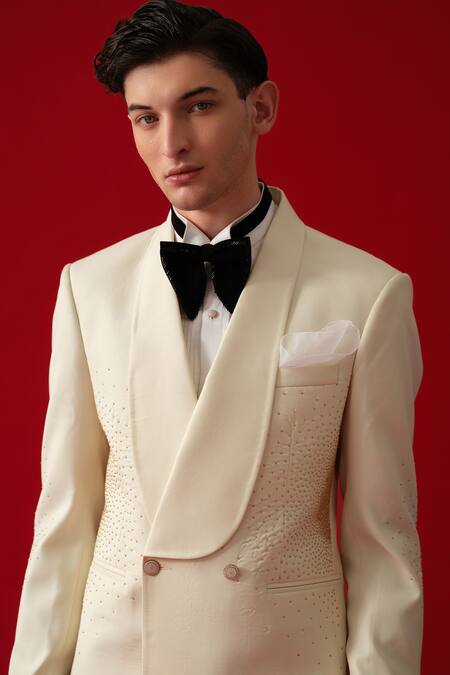 Amrit Dawani_White Cotton, Polyester, Silk Embroidery Beige Splutter Rays Tuxedo Set _at_Aza_Fashions