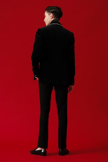 Amrit Dawani Black Embellished Velvet Tuxedo Set 