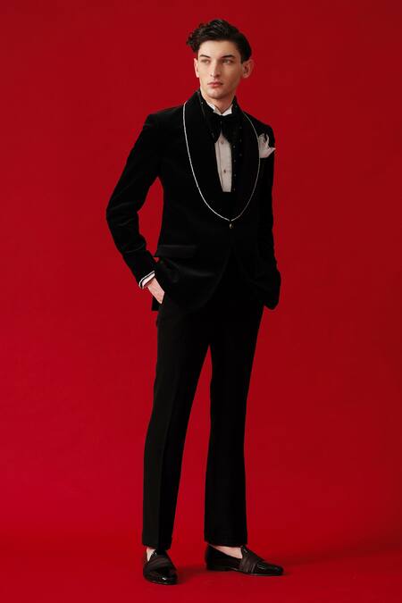 Amrit Dawani_Black Velvet, Cotton, Polyester Sequins, Embroidery Embellished Tuxedo Set _Online_at_Aza_Fashions