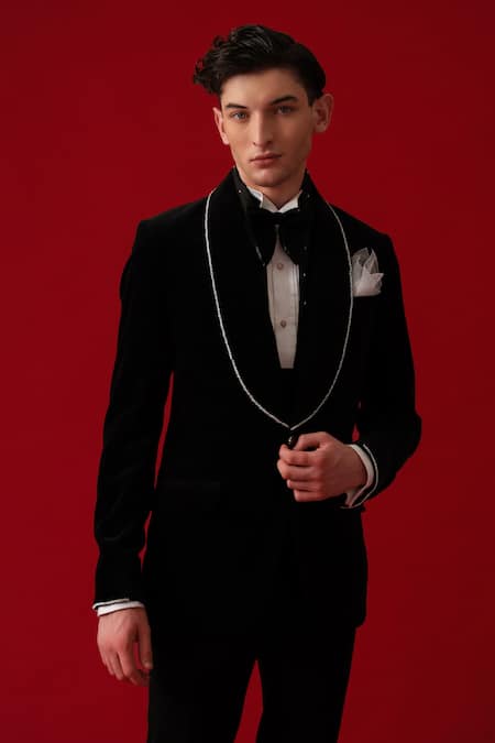 Buy_Amrit Dawani_Black Velvet, Cotton, Polyester Sequins, Embroidery Embellished Tuxedo Set _Online_at_Aza_Fashions