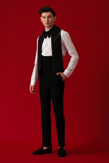 Shop_Amrit Dawani_Black Velvet, Cotton, Polyester Sequins, Embroidery Embellished Tuxedo Set _Online_at_Aza_Fashions
