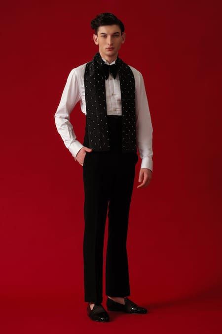 Amrit Dawani_Black Velvet, Cotton, Polyester Sequins, Embroidery Embellished Tuxedo Set _at_Aza_Fashions