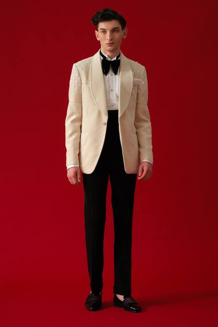 Amrit Dawani_Beige Velvet, Cotton, Polyester Embroidery Diamond Bloom Tuxedo Set _Online_at_Aza_Fashions