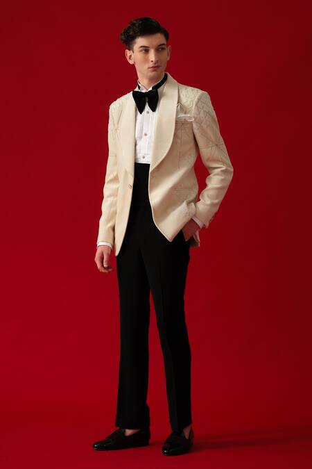 Buy_Amrit Dawani_Beige Velvet, Cotton, Polyester Embroidery Diamond Bloom Tuxedo Set _Online_at_Aza_Fashions