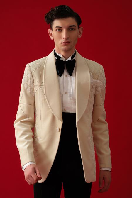 Shop_Amrit Dawani_Beige Velvet, Cotton, Polyester Embroidery Diamond Bloom Tuxedo Set _Online_at_Aza_Fashions