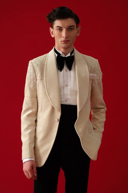 Amrit Dawani_Beige Velvet, Cotton, Polyester Embroidery Diamond Bloom Tuxedo Set _at_Aza_Fashions