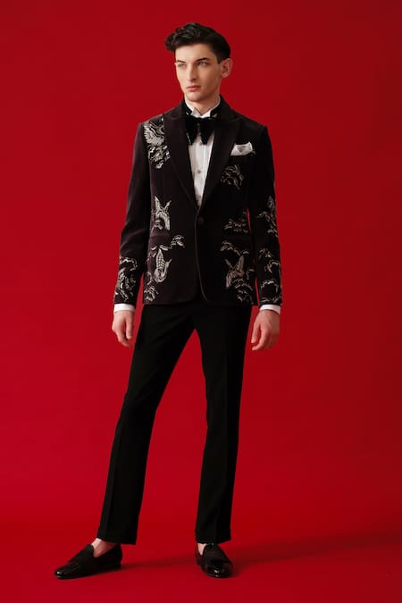 Amrit Dawani Brown Tuxedo Velvet Embroidery Seagull Land Set 