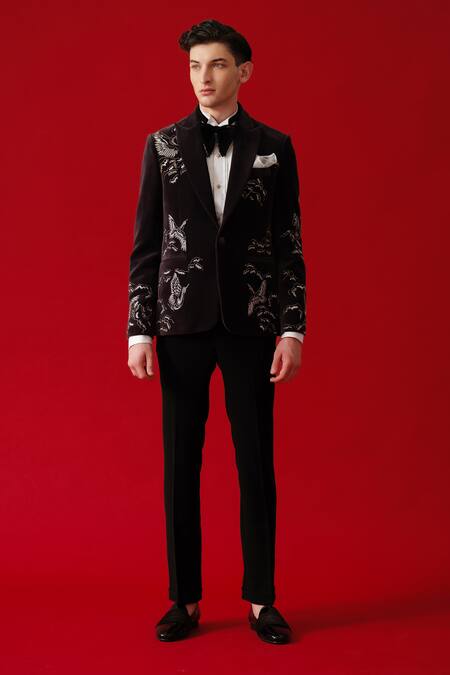 Amrit Dawani_Brown Velvet, Cotton, Polyester Embroidery Seagull Land Tuxedo Set _Online_at_Aza_Fashions