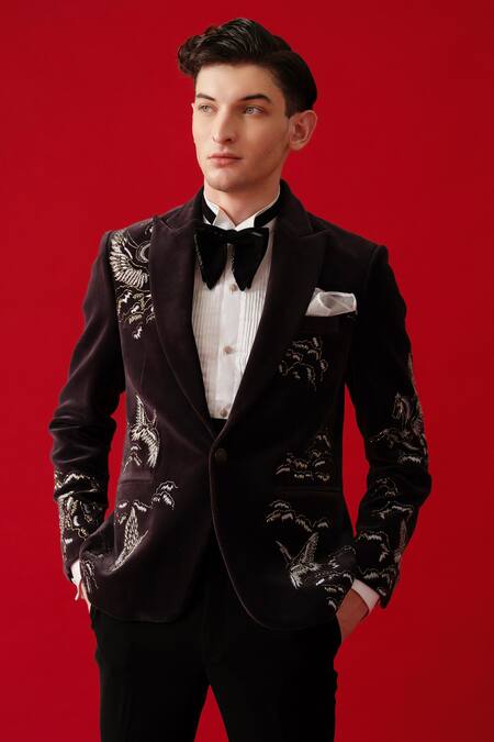 Buy_Amrit Dawani_Brown Velvet, Cotton, Polyester Embroidery Seagull Land Tuxedo Set _Online_at_Aza_Fashions