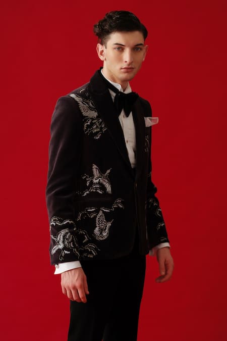 Shop_Amrit Dawani_Brown Velvet, Cotton, Polyester Embroidery Seagull Land Tuxedo Set _Online_at_Aza_Fashions