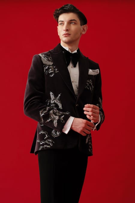 Amrit Dawani_Brown Velvet, Cotton, Polyester Embroidery Seagull Land Tuxedo Set _at_Aza_Fashions