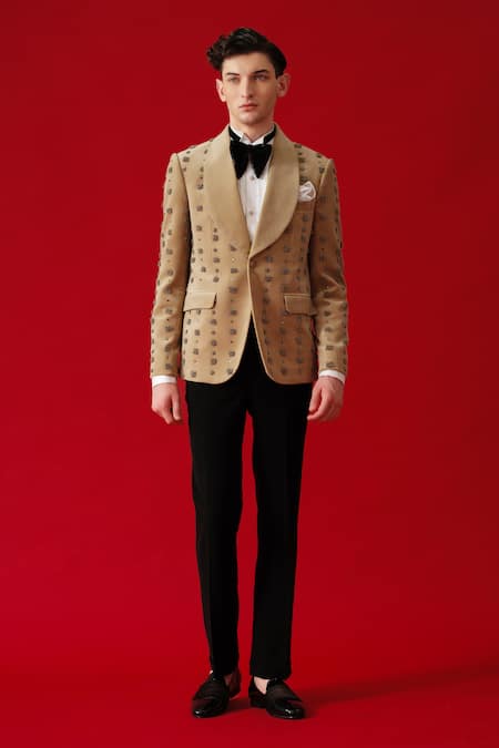 Amrit Dawani_Beige Suede, Cotton, Polyester Beads Tonal Embroidered Tuxedo Set _Online_at_Aza_Fashions