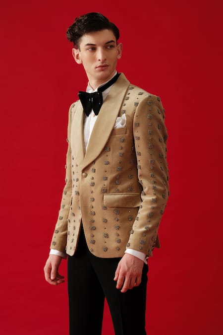 Shop_Amrit Dawani_Beige Suede, Cotton, Polyester Beads Tonal Embroidered Tuxedo Set _Online_at_Aza_Fashions