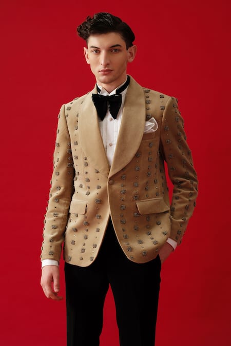Amrit Dawani_Beige Suede, Cotton, Polyester Beads Tonal Embroidered Tuxedo Set _at_Aza_Fashions