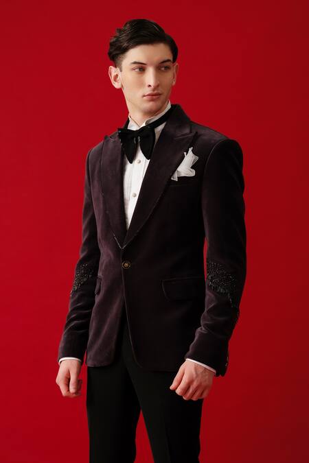 Amrit Dawani_Black Velvet, Cotton, Polyester Embroidery Metallic Embellished Tuxedo Set _Online_at_Aza_Fashions