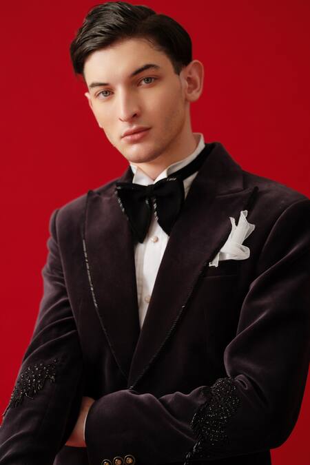 Buy_Amrit Dawani_Black Velvet, Cotton, Polyester Embroidery Metallic Embellished Tuxedo Set _Online_at_Aza_Fashions