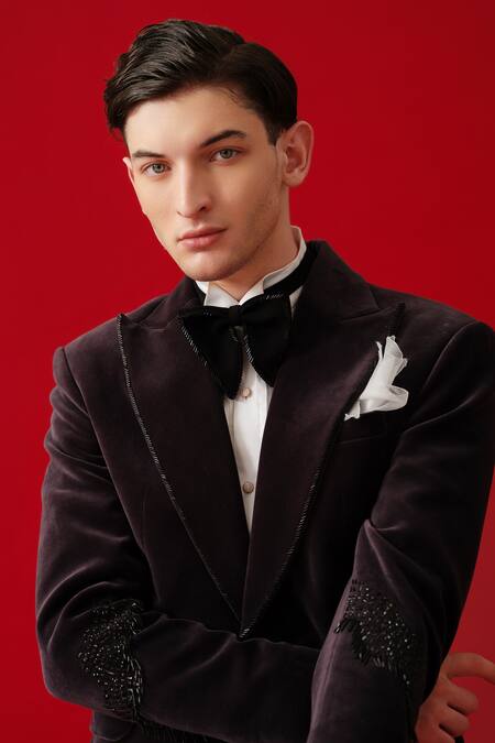 Shop_Amrit Dawani_Black Velvet, Cotton, Polyester Embroidery Metallic Embellished Tuxedo Set _Online_at_Aza_Fashions