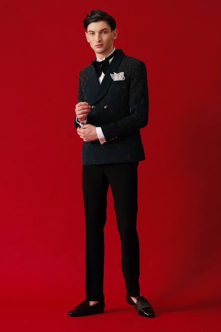 Amrit Dawani_Green Polyester, Cotton, Silk Embroidery Diamond Maze Embellished Tuxedo Set _Online_at_Aza_Fashions