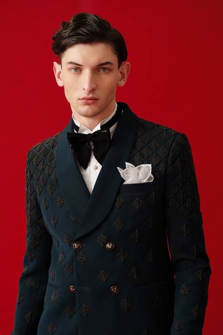 Shop_Amrit Dawani_Green Polyester, Cotton, Silk Embroidery Diamond Maze Embellished Tuxedo Set _Online_at_Aza_Fashions