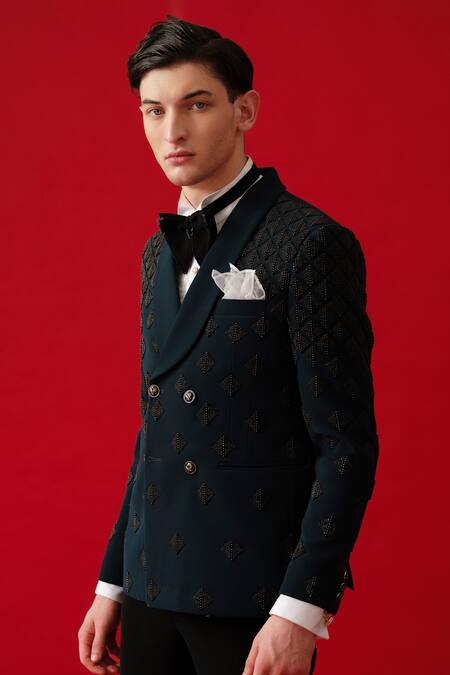 Amrit Dawani_Green Polyester, Cotton, Silk Embroidery Diamond Maze Embellished Tuxedo Set _at_Aza_Fashions