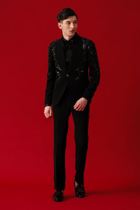 Amrit Dawani Metallic Bloom Encrusted Tuxedo Set 