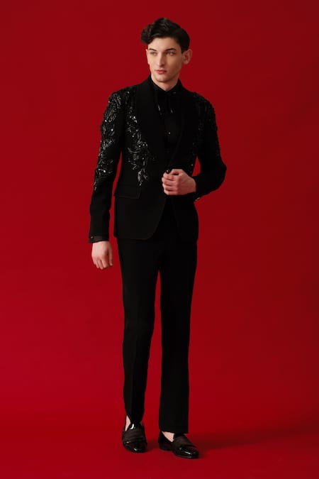 Buy_Amrit Dawani_Black Polyester, Cotton Embroidery Metallic Bloom Encrusted Tuxedo Set _Online_at_Aza_Fashions
