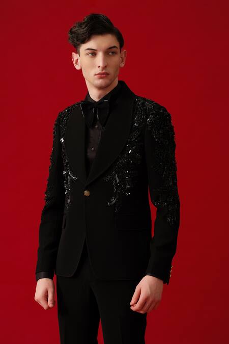 Shop_Amrit Dawani_Black Polyester, Cotton Embroidery Metallic Bloom Encrusted Tuxedo Set _Online_at_Aza_Fashions