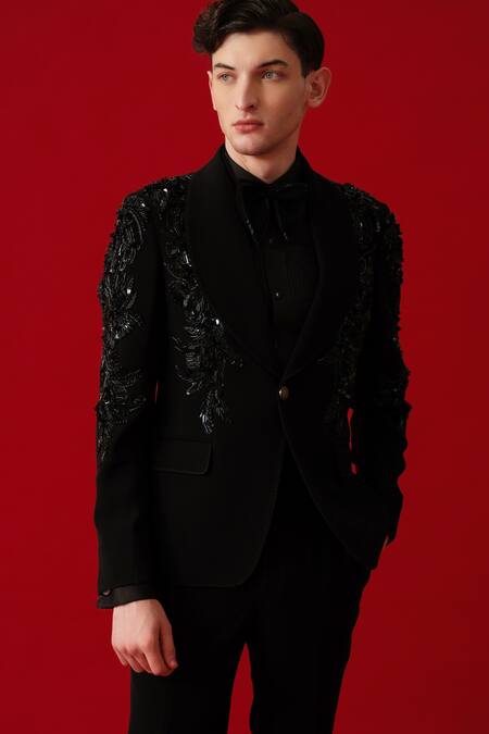 Amrit Dawani_Black Polyester, Cotton Embroidery Metallic Bloom Encrusted Tuxedo Set _at_Aza_Fashions