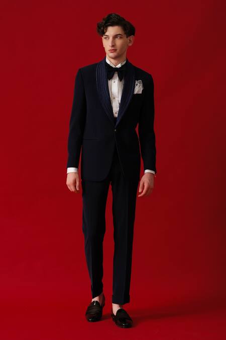 Amrit Dawani_Blue Polyester, Cotton Hand Embroidered Shawl Lapel Collar Tuxedo Set _Online_at_Aza_Fashions