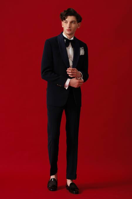 Buy_Amrit Dawani_Blue Polyester, Cotton Hand Embroidered Shawl Lapel Collar Tuxedo Set _Online_at_Aza_Fashions