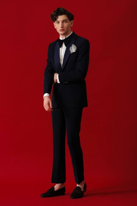 Shop_Amrit Dawani_Blue Polyester, Cotton Hand Embroidered Shawl Lapel Collar Tuxedo Set _Online_at_Aza_Fashions